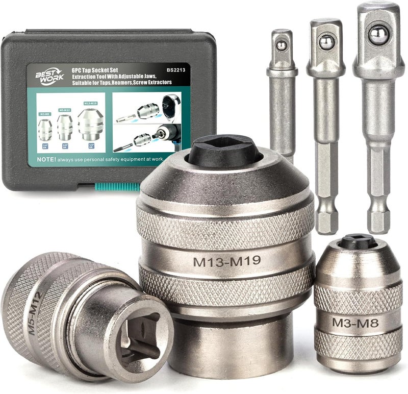 Bestwork 6pcs Adjustable Tap Socket Set, 1/4", 3/8", 1/2" Drive Tap Holder Tool for Reamers, Screw Extractors - Image 1